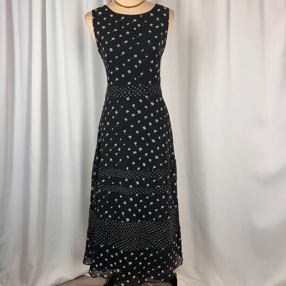 Vtg Neiman Marcus NM Black Tan Abstract Geometric Sleeveless Midi Dress Size 10